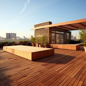 What are some of the design options offered for rooftop patios?